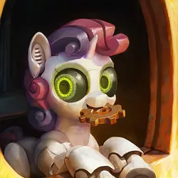 Size: 700x700 | Tagged: safe, artist:cannibalus, derpibooru import, sweetie belle, pony, robot, unicorn, female, filly, gears, looking at you, mouth hold, painting, solo, sweetie bot