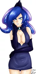 Size: 600x1243 | Tagged: suggestive, artist:fizzy-dog, artist:frankaraya, derpibooru import, princess luna, human, breasts, busty princess luna, cleavage, clothes, dress, evening gloves, female, gloves, humanized, simple background, solo, solo female