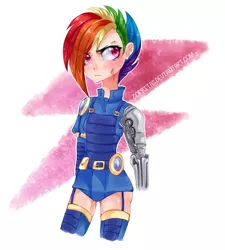 Size: 1517x1685 | Tagged: alternate timeline, amputee, apocalypse dash, artist:zorbitas, automail, crystal war timeline, derpibooru import, fullmetal alchemist, human, humanized, prosthetic limb, rainbow dash, safe, solo, the cutie re-mark, underass