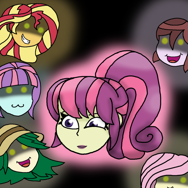 Size: 1296x1296 | Tagged: safe, artist:pokecure123, derpibooru import, diwata aino, fluttershy, sunny flare, sunset shimmer, sweet leaf, velvet sky, equestria girls, chloe commons, otaku, otakushy, weeaboo