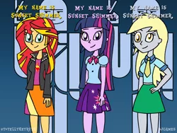 Size: 1024x768 | Tagged: safe, artist:djgames, derpibooru import, derpy hooves, sunset shimmer, twilight sparkle, equestria girls, game show, to tell the truth