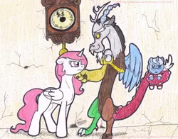 Size: 1008x792 | Tagged: safe, artist:artistnjc, deleted from derpibooru, derpibooru import, discord, princess celestia, princess luna, alicorn, draconequus, pony, baby, baby pony, discord being discord, glare, labyrinth, labyrinth (movie), movie reference, pink-mane celestia, traditional art, younger