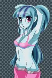 Size: 1179x1750 | Tagged: suggestive, artist:solarsourced, derpibooru import, sonata dusk, equestria girls, :o, arm behind head, armpits, blushing, bra, breasts, cleavage, clothes, female, pajamas, polka dot background, solo, solo female, underwear