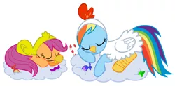 Size: 1404x698 | Tagged: artist:red4567, candy, chick, chicken suit, clothes, cloud, costume, cute, derpibooru import, food, henbow dash, rainbow dash, safe, scootachicken, scootaloo, scootalove, sleeping, weapons-grade cute