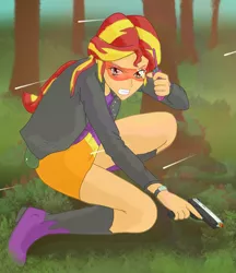 Size: 2225x2572 | Tagged: safe, artist:verbose, derpibooru import, sunset shimmer, equestria girls, fanfic art, fanfic cover, gun, pistol, shooting for friendship, solo, trigger discipline, wrong upload