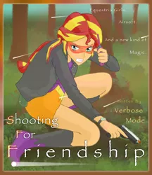 Size: 865x1000 | Tagged: safe, artist:verbose, derpibooru import, sunset shimmer, equestria girls, airsoft, fanfic art, fanfic cover, gun, shooting for friendship, trigger discipline, weapon