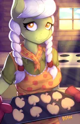 Size: 841x1300 | Tagged: safe, artist:drbdnv, derpibooru import, granny smith, anthro, earth pony, adorasmith, apron, baking, clothes, cookie, cute, female, looking at you, neckerchief, oven, solo, younger, young granny smith
