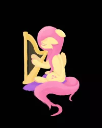 Size: 960x1200 | Tagged: safe, artist:citizensmiley, derpibooru import, fluttershy, black background, eyes closed, floppy ears, folded wings, harp, musical instrument, playing, simple background, sitting, solo