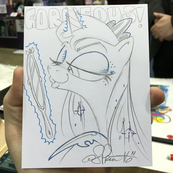 Size: 600x600 | Tagged: artist:andypriceart, derpibooru import, duckface, mirror, princess luna, safe, traditional art