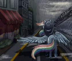 Size: 2374x2000 | Tagged: artist:mayasnou, city, derpibooru import, hood, ocean, rain, rainbow dash, safe, solo, storm