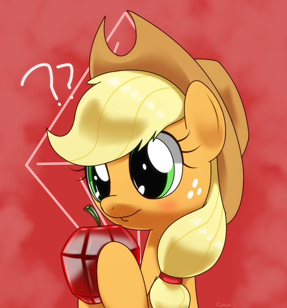 Size: 1330x1425 | Tagged: safe, artist:hoyeechun, derpibooru import, applejack, earth pony, pony, apple, bust, cute, female, jackabetes, mare, question mark, solo