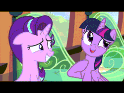 Size: 640x480 | Tagged: safe, derpibooru import, screencap, starlight glimmer, twilight sparkle, twilight sparkle (alicorn), alicorn, pony, the crystalling, animated, book, cute, do not want, eye contact, female, floppy ears, frown, grin, hape, hug, levitation, magic, mare, personal space invasion, pushing, smiling, spread wings, squee, talking, telekinesis, wide eyes