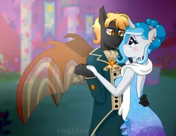 Size: 1553x1200 | Tagged: safe, artist:kaikururu, derpibooru import, oc, oc:bubble lee, oc:rege liliac, oc:regina liliac, unofficial characters only, anthro, bat pony, unicorn, anthro oc, clothes, couple, cute, dancing, dress, fangs, female, grand galloping gala, looking at each other, male, oc x oc, rule 63, shipping, straight, suit