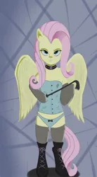 Size: 530x960 | Tagged: suggestive, artist:blackonyxstar, derpibooru import, fluttershy, pony, bdsm, bipedal, blue underwear, boots, clothes, collar, corset, cutie mark, cutie mark collar, dominatrix, evening gloves, femdom, flutterdom, gloves, panties, ribbon, riding crop, s&m, socks, underwear