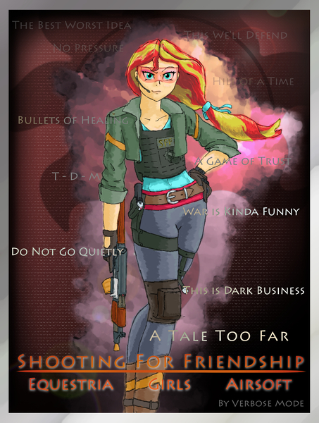 Size: 1178x1559 | Tagged: safe, artist:verbose, derpibooru import, sunset shimmer, equestria girls, a tale too far, airsoft, fanfic art, fanfic cover, shooting for friendship, trigger discipline