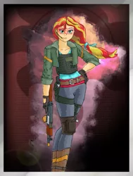 Size: 1178x1559 | Tagged: safe, artist:verbose, derpibooru import, sunset shimmer, equestria girls, a tale too far, airsoft, aks-74u, fanfic art, shooting for friendship, trigger discipline