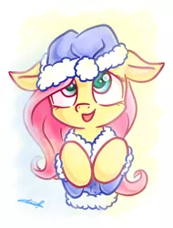 Size: 1024x1348 | Tagged: safe, artist:freeedon, derpibooru import, fluttershy, pony, bust, clothes, coat, colored pupils, cute, female, floppy ears, full face view, hat, hooves to the chest, mare, open mouth, shyabetes, signature, smiling, solo, winter coat, winter hat, winter outfit
