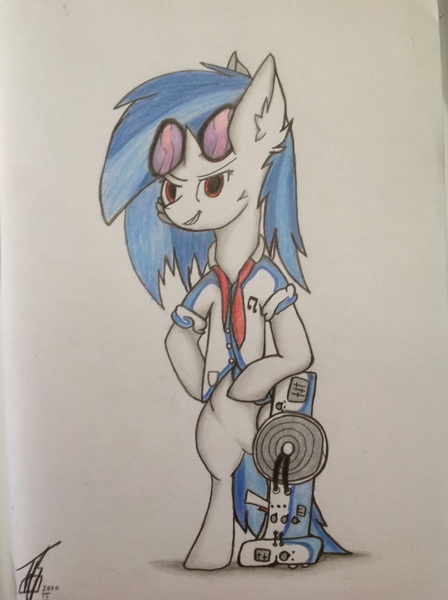 Size: 1936x2592 | Tagged: safe, artist:thom330, derpibooru import, vinyl scratch, pony, bipedal, dubstep gun, saints row, saints row iv, solo, traditional art