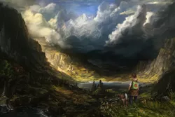 Size: 1920x1280 | Tagged: applejack, artist:assasinmonkey, backpack, clothes, cloud, derpibooru import, dog, epic, gloves, human, humanized, jeans, lake, mountain, pants, safe, scenery, scenery porn, shirt, style emulation, valley, winona