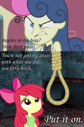 Size: 796x1192 | Tagged: semi-grimdark, derpibooru import, edit, edited screencap, screencap, apple bloom, bon bon, sweetie drops, all's fair in love and friendship games, equestria girls, abuse, applebuse, bitch, bon bon is not amused, disproportionate retribution, i didn't put those in my bag, imminent death, murder, overreaction