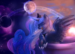 Size: 5000x3634 | Tagged: safe, artist:segraece, derpibooru import, princess luna, alicorn, pony, balcony, crown, eyes closed, female, leaning, mare, moon, music notes, night, open mouth, singing, smiling, solo, spread wings, sunset, twilight (astronomy)