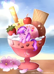 Size: 1400x1900 | Tagged: safe, artist:pika-chany, derpibooru import, oc, oc:moonlight blossom, unofficial characters only, pony, beach, cup of pony, flower, flower in hair, food, heart eyes, ice cream, micro, ponies in food, solo, strawberry, wafer, wingding eyes