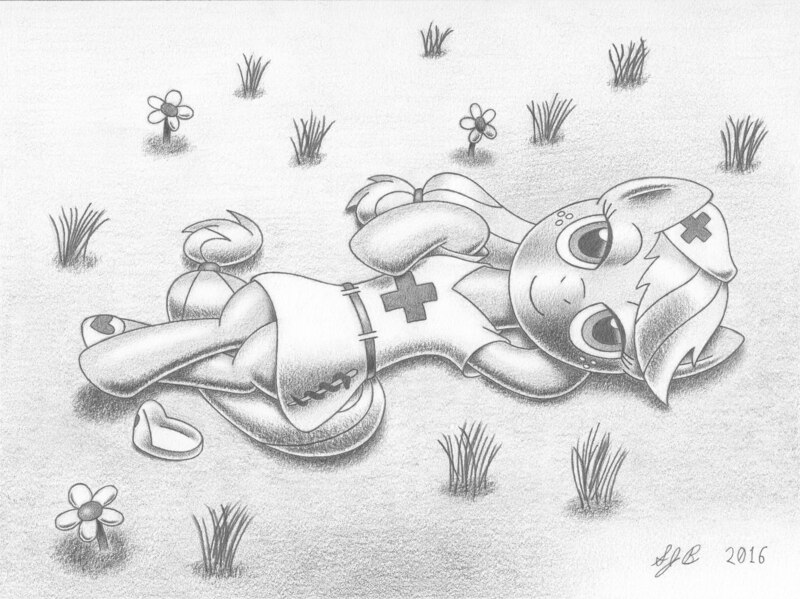 Size: 2999x2246 | Tagged: applejack, artist:europeandragon, derpibooru import, grayscale, helloooooo nurse, looking at you, monochrome, nurse outfit, on back, safe, solo, traditional art