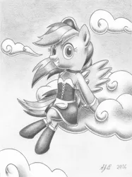 Size: 2237x2993 | Tagged: artist:europeandragon, clothes, cloud, derpibooru import, grayscale, grin, maid, monochrome, rainbow dash, rainbow dash always dresses in style, safe, socks, solo, traditional art