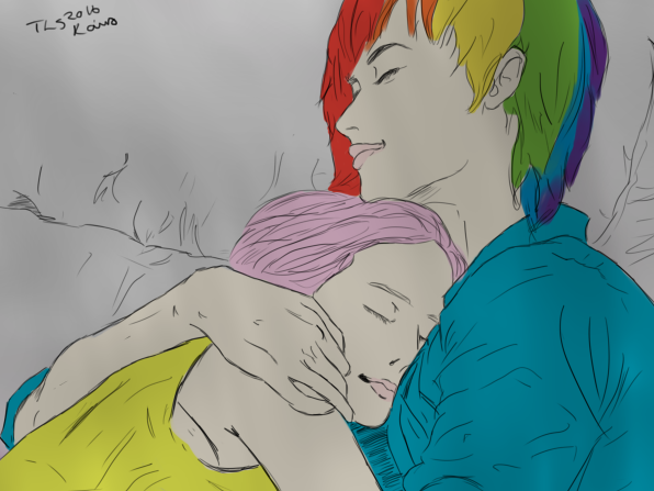 Size: 596x447 | Tagged: safe, artist:twilikessparkles, derpibooru import, fluttershy, rainbow dash, human, cuddling, cute, female, flutterdash, humanized, lesbian, shipping, sleeping, snuggling