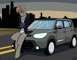 Size: 6600x5100 | Tagged: absurd resolution, artist:askdukepony, car, city, derpibooru import, kia, kia soul, oc, oc:order compulsive, overcoat, safe, smiling, smog, solo, sunglasses, unofficial characters only