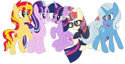 Size: 3792x1936 | Tagged: safe, artist:squipycheetah, derpibooru import, moondancer, starlight glimmer, sunset shimmer, trixie, twilight sparkle, twilight sparkle (alicorn), alicorn, pony, unicorn, amending fences, equestria girls, counterparts, folded wings, happy, looking up, magical quintet, missing accessory, one eye closed, open mouth, raised hoof, simple background, smiling, standing, tongue out, transparent background, twilight's counterparts, vector, watermark