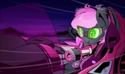 Size: 2197x1301 | Tagged: safe, artist:xn-d, derpibooru import, oc, oc:heartbeat, bat pony, pony, crossover, fangs, goggles, hoverbike, open mouth, redline, smiling, style emulation