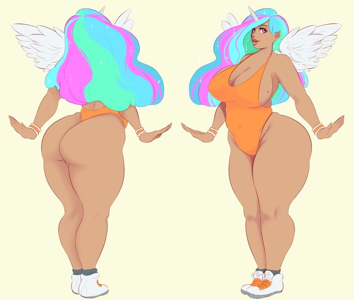 Size: 2405x2042 | Tagged: artist:sundown, ass, big breasts, breasts, busty princess celestia, chubby, chubbylestia, cleavage, clothes, cropped, derpibooru import, female, horned humanization, huge butt, human, humanized, leotard, one-piece swimsuit, open-back swimsuit, plump, princess celestia, solo, solo female, suggestive, sunbutt, swimsuit, wedgie, winged humanization