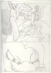 Size: 755x1077 | Tagged: artist:lordspiffy, close-up, column, comic, derpibooru import, english, indoors, monochrome, pencil drawing, pinkamena diane pie, pinkie pie, restaurant, semi-grimdark, text, traditional art