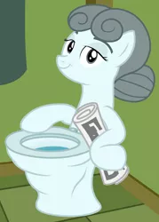Size: 1556x2173 | Tagged: safe, artist:badumsquish, derpibooru import, oc, oc:kohlette, ponified, unofficial characters only, object pony, original species, pony, toilet pony, badumsquish strikes again, bathroom, but why, female, goddammit kraus, looking at you, newspaper, patting, request, requested art, smiling, solo, toilet, wat