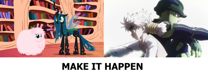 Size: 2136x778 | Tagged: safe, derpibooru import, queen chrysalis, oc, oc:fluffle puff, tumblr:ask fluffle puff, canon x oc, comparison, exploitable meme, female, hunter x hunter, komugi, lesbian, make it happen, meme, meruem, shipping