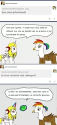 Size: 756x1649 | Tagged: safe, artist:ask-luciavampire, derpibooru import, oc, unofficial characters only, alicorn, gryphon, pony, vampire, vampony, tumblr:ask-luciavampire, alicorn oc, ask, cabbage, food, tumblr