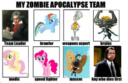 Size: 1024x667 | Tagged: safe, derpibooru import, fluttershy, pinkie pie, rainbow dash, don't hug me i'm scared, image, jpeg, ludwig van beethoven, meme, midna, pulp fiction, satire, spongebob squarepants, squidward tentacles, the legend of zelda, the legend of zelda: twilight princess, zombie apocalypse team