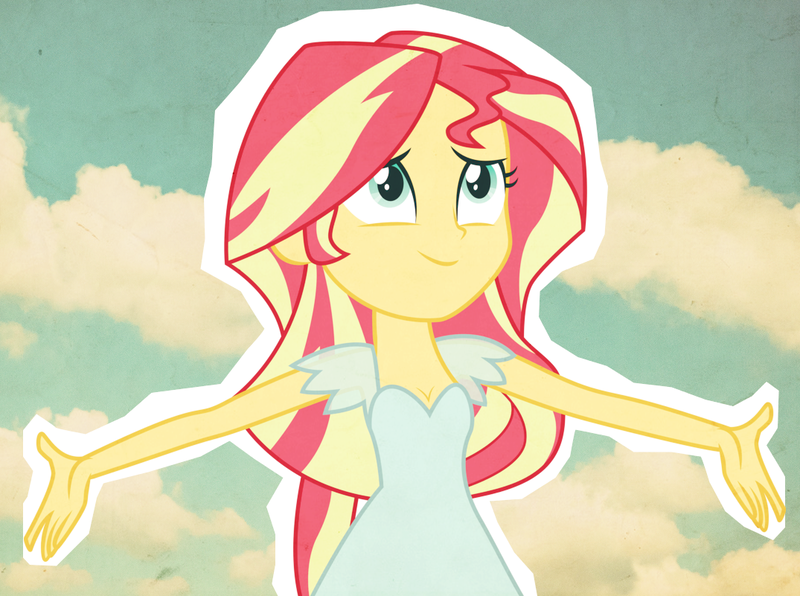 Size: 1075x801 | Tagged: safe, derpibooru import, edit, sunset shimmer, equestria girls, my past is not today, cleavage, cloud, cute, female, solo, spread arms, sunny