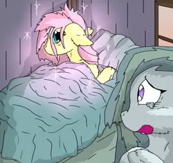 Size: 1024x961 | Tagged: artist:firefanatic, bed, blanket, crying, cute, derpibooru import, fluffy, fluttershy, marble pie, safe, sparkles