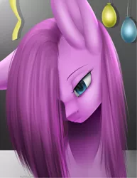 Size: 1557x2015 | Tagged: artist:noodlefreak88, balloon, derpibooru import, hair over one eye, pinkamena diane pie, pinkie pie, sad, safe, solo, streamers