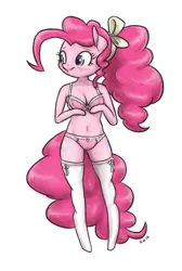 Size: 862x1280 | Tagged: alternate hairstyle, anthro, arm hooves, artist:king-kakapo, belly button, blushing, bra, breasts, cleavage, clothes, derpibooru import, female, frilly pie, frilly underwear, hoof hands, multiple variants, panties, pinkie pie, pink underwear, ribbon, socks, solo, solo female, stockings, striped underwear, suggestive, thigh highs, underwear, unguligrade anthro