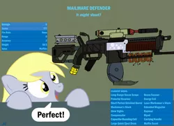 Size: 1280x931 | Tagged: safe, artist:nuka-kitty, derpibooru import, derpy hooves, pegasus, pony, crossover, fallout, fallout 4, female, funny, gun, mare, modified, silly, weapon, what has science done