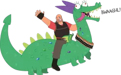 Size: 986x614 | Tagged: artist:nekoni-chan, bandolier, bullet, crackle, crossover, derpibooru import, dragon, heavy, heavy weapons guy, human, humans riding dragons, man, necklace, rearing, riding, safe, simple background, team fortress 2, transparent background