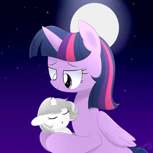 Size: 2000x2000 | Tagged: safe, artist:darkynez, derpibooru import, twilight sparkle, twilight sparkle (alicorn), oc, oc:crescent, alicorn, pony, alternate hairstyle, female, hijo de la luna, mare, moon, sleeping, smiling