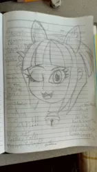 Size: 1872x3328 | Tagged: safe, derpibooru import, diwata aino, orange sherbette, sunny flare, equestria girls, :3, catface, cute, happy, lined paper, monochrome, one eye closed, open mouth, photo, ruby red, sketch, smiling, traditional art, wink