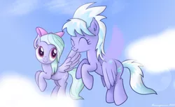 Size: 1800x1112 | Tagged: artist:bluemeganium, cloud, cloudchaser, cute, cutechaser, derpibooru import, flitter, flitterbetes, fluffy, flying, pair, safe, sky, smiling