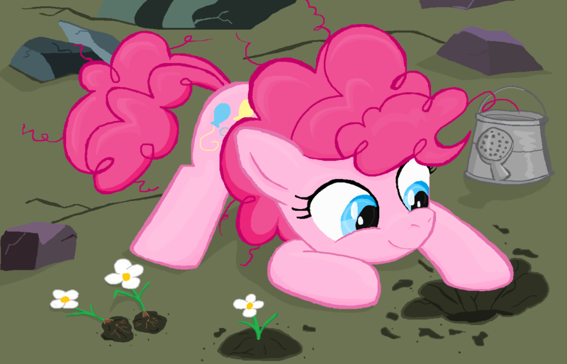 Size: 1338x860 | Tagged: artist:sallycars, derpibooru import, filly, filly pinkie pie, flower, legitimately amazing mspaint, ms paint, pinkie pie, safe, solo, watering can