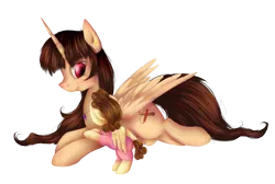 Size: 2033x1369 | Tagged: safe, artist:mufflinka, derpibooru import, oc, oc:shiny smiley, oc:spring beauty, unofficial characters only, alicorn, pony, alicorn oc, baby, baby pony, mother and daughter, offspring, parent:oc:handy hoofs, parent:oc:spring beauty, parents:oc x oc, parents:springhoofs, prone, simple background, transparent background