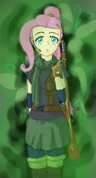 Size: 497x920 | Tagged: safe, artist:verbose, derpibooru import, fluttershy, equestria girls, airsoft, cute, fanfic art, shooting for friendship, solo